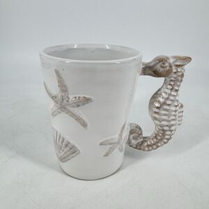 Pier 1 Seahorse Coffee Mug Coastal Sea Shell Embossed Ceramic Beach Cup 4.75”